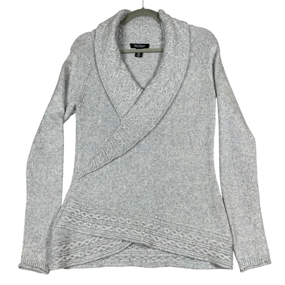 White House Black Market Wool Blend Cable Knit Trim Sparkly Faux Wrap Sweater  S - Picture 1 of 16